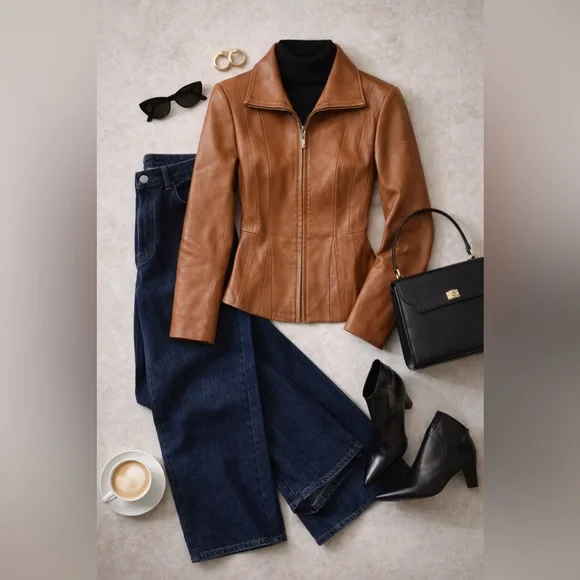 Jones New York Cognac Leather Jacket M Fitted Y2K Zip Tailored Caramel Blazer - Picture 11 of 14